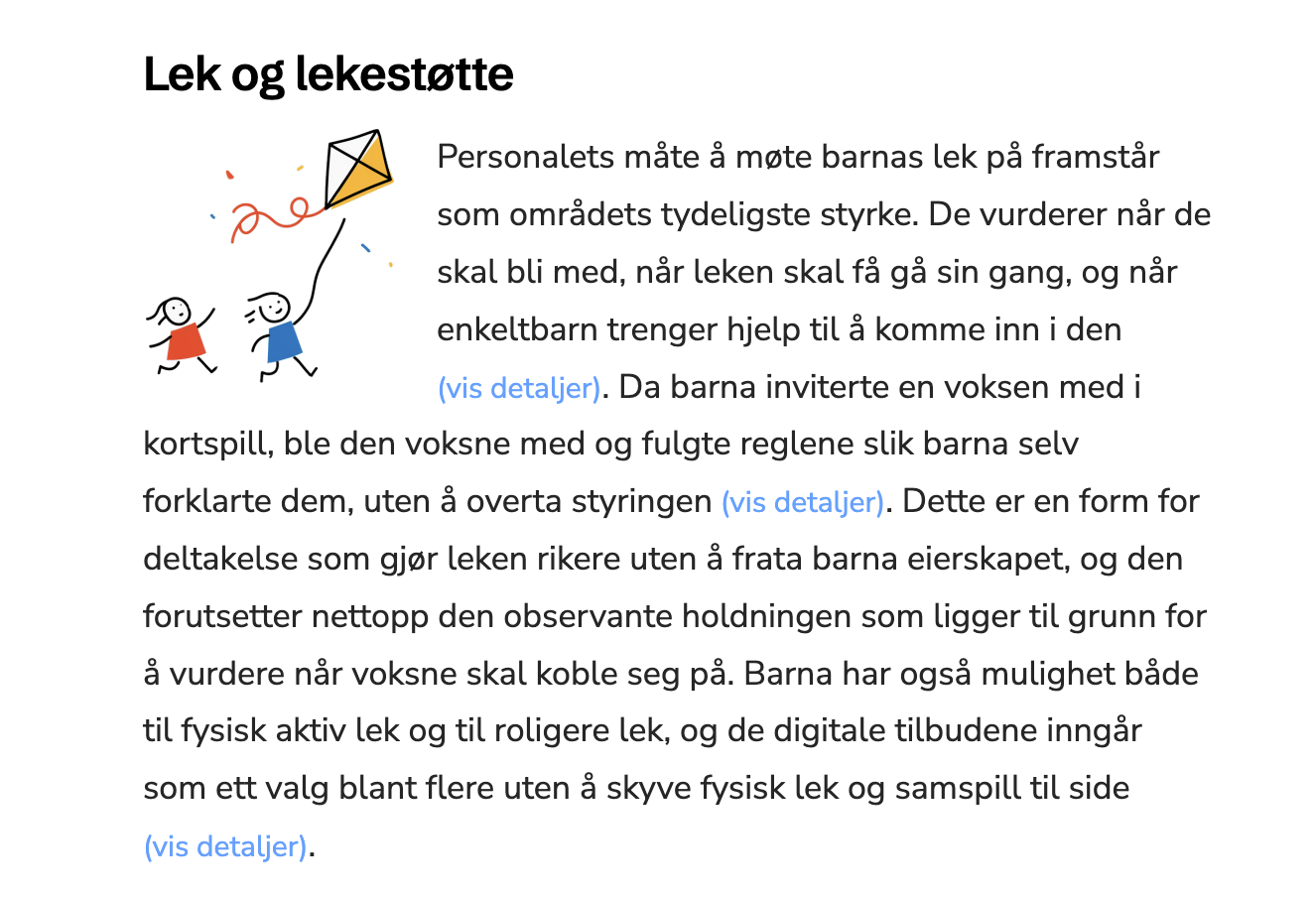 Skjermbilde av kvalitetsrapporten — avsnittet om lek og lekestøtte