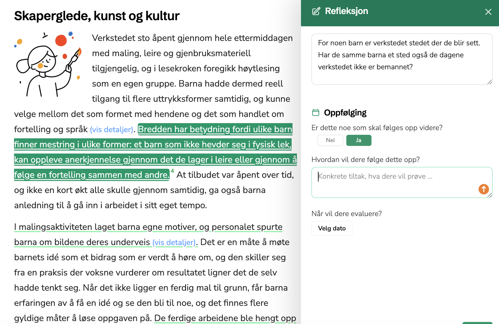 Refleksjonspanelet — markert setning i rapporten, refleksjonsspørsmål og oppfølging med tiltak og evalueringsdato